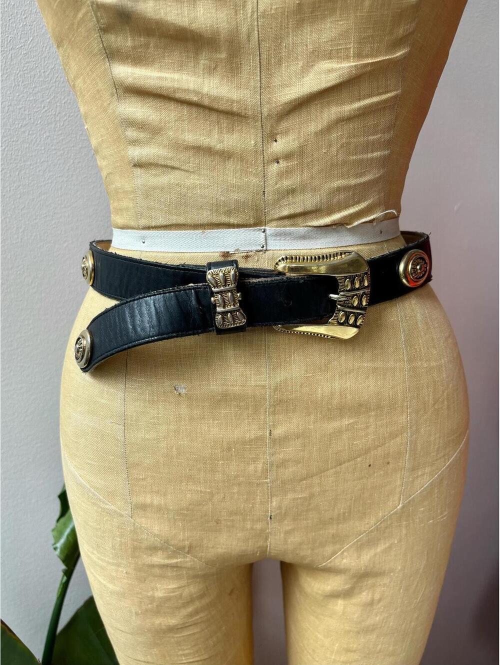 Vintage 1980s Black Leather Western Gold Buckle Concho Belt